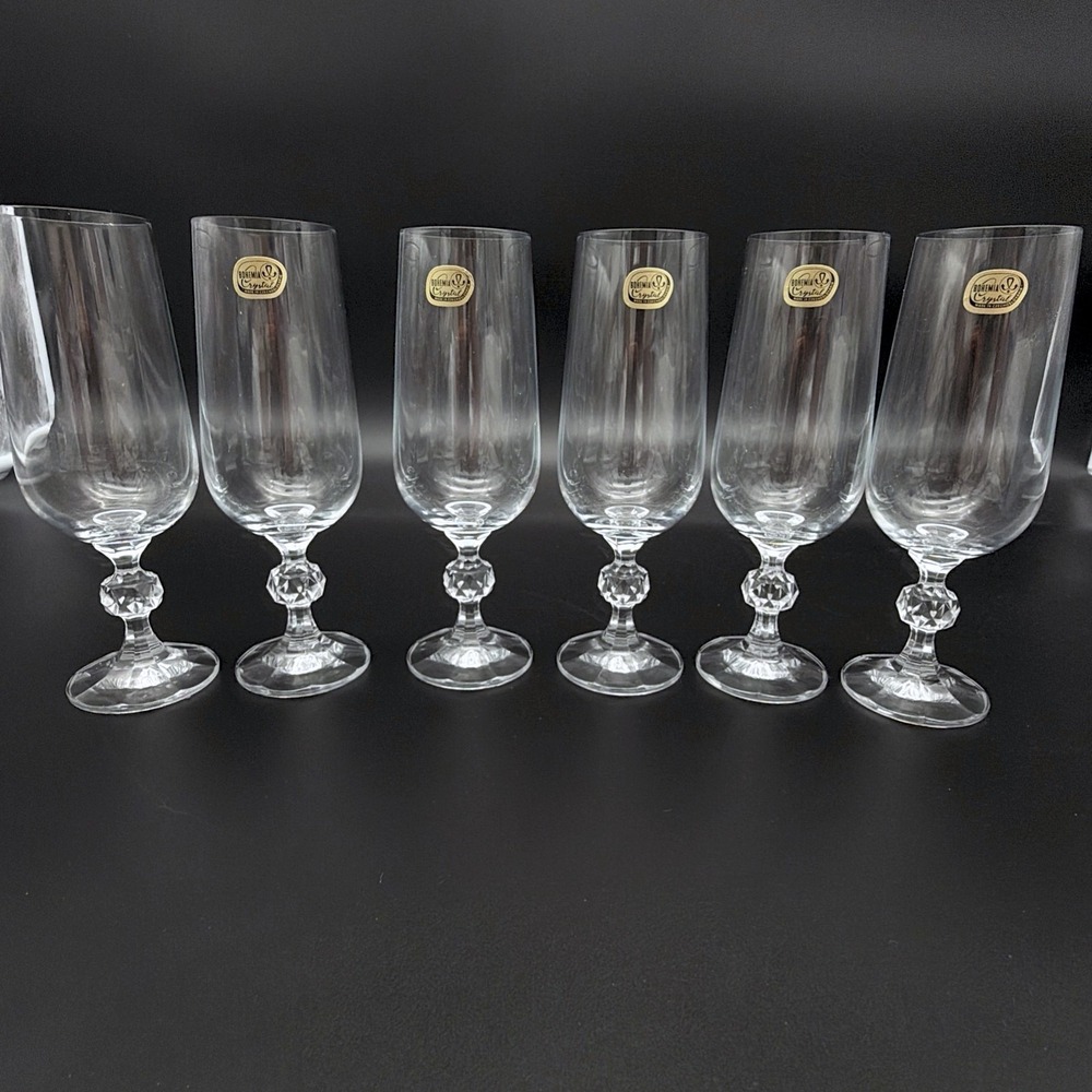 Bohemia Crystal Claudia Champagne Flute Set 6 Clear Good Faceted Ball Stem VTG